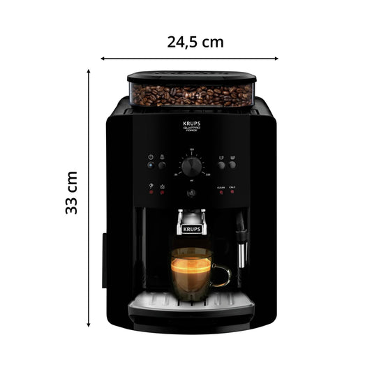 Krups Roma, Cafetera superautomática, Depósito de agua 1,7 L, 3 niveles de temperatura, 3 niveles de intensidad, 15 bares, Molinillo cónico de metal, Panel de control fácil, Negra, EA810870
