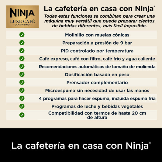 Ninja Luxe Premier Cafetera 3 en 1 para latte, cappuccino, cold brew y espresso con molinillo y espumador de leche integrados, fácil de usar y 4 preajustes automáticos de espuma, plata, ES601EU